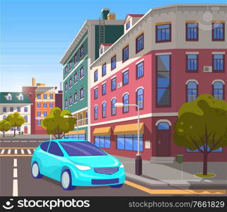 City center street with modern buildings and decor. Car riding on roads of modern town. Estates and architecture, cityscape with constructions. Townscape with vehicle. Vector in isometric 3D style. Street of City Center, Car on Road Turning on Side