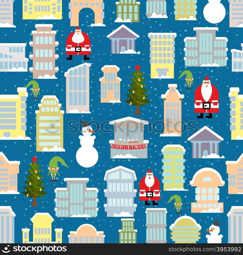 City Christmas landscape. New year city. Snowfall and skyscrapers. Town houses in snow seamless pattern. Christmas tree and snowman. Santa Claus and an Elf. Background of holiday items.