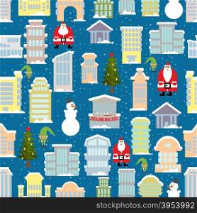City Christmas landscape. New year city. Snowfall and skyscrapers. Town houses in snow seamless pattern. Christmas tree and snowman. Santa Claus and an Elf. Background of holiday items.