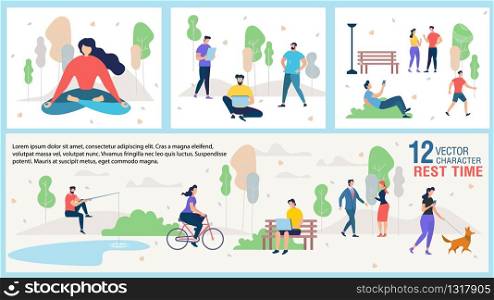 City Citizen Outdoor Recreation and Rest Trendy Vector Banner or Poster Template with People Networking, Walking with Pet, Meeting with Friends and Colleagues, Fishing, Meditating in Park Illustration