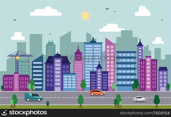 City Cityscape Skyline Landmark Building Traffic Street Illustration