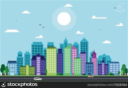City Cityscape Skyline Landmark Building Traffic Street Illustration