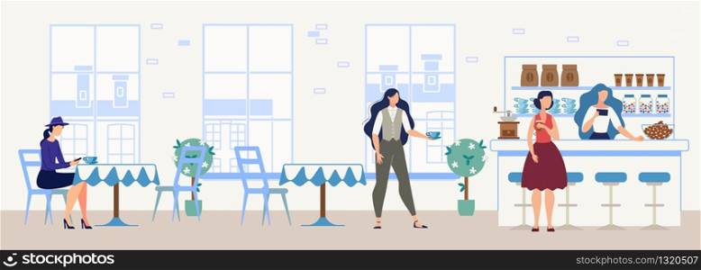City Comfortable Cafe, Cozy Restaurant or Coffee Shop Flat Vector Interior with Female Clients, Women Ordering Beverage, Buying Drink and Sweets, Drinking Coffee or Tea at Cafeteria Table Illustration