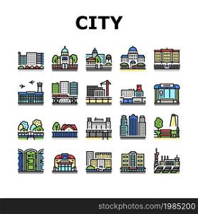 City Construction And Landscape Icons Set Vector. Metro Station And Bus Stop, Factory Industry Building And Airport, Church And Cathedral, City Park And Business Center Line. Color Illustrations. City Construction And Landscape Icons Set Vector