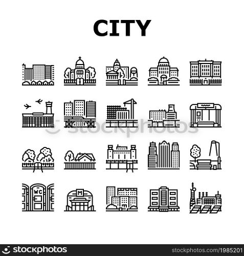 City Construction And Landscape Icons Set Vector. Metro Station And Bus Stop, Factory Industry Building And Airport, Church And Cathedral, City Park And Business Center Black Contour Illustrations. City Construction And Landscape Icons Set Vector