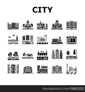 City Construction And Landscape Icons Set Vector. Metro Station And Bus Stop, Factory Industry Building And Airport, Church And Cathedral City Park Business Center Glyph Pictograms Black Illustrations. City Construction And Landscape Icons Set Vector