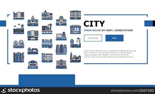 City Construction And Landscape Landing Web Page Header Banner Template Vector. Metro Station And Bus Stop, Factory Industry Building Airport, Church Cathedral, City Park Business Center Illustration. City Construction And Landscape Landing Header Vector