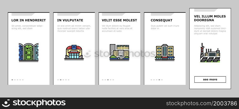 City Construction And Landscape Onboarding Mobile App Page Screen Vector. Metro Station And Bus Stop, Factory Industry Building Airport, Church Cathedral, City Park Business Center Line. Illustrations. City Construction And Landscape Onboarding Icons Set Vector