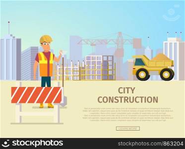City Construction Flat Vector Web Banner or Landing Page Template with Builder in Uniform and Helmet Standing with Shovel in Hand on House, Urban Infrastructure Object Construction Site Illustration