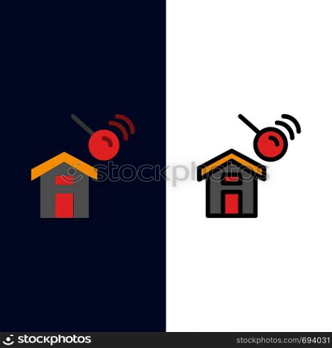 City, Construction, House, Search Icons. Flat and Line Filled Icon Set Vector Blue Background