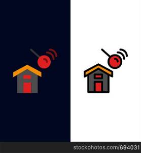 City, Construction, House, Search Icons. Flat and Line Filled Icon Set Vector Blue Background