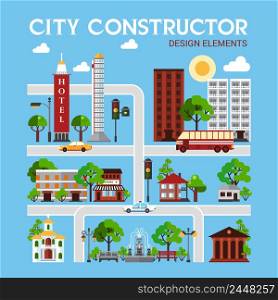 City constructor design elements with different objects of urban infrastructure on blue background vector illustration. City Constructor Design Elements