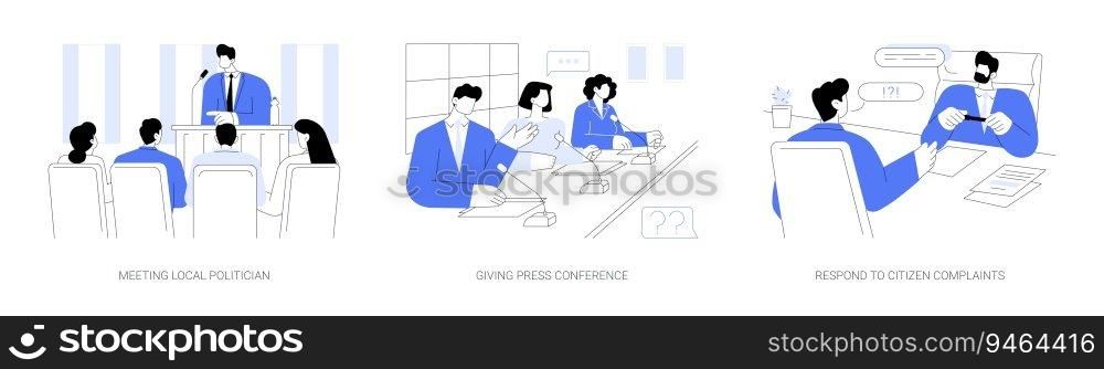 City council abstract concept vector illustration set. Meeting local politician, giving press conference, respond to citizen complaints, democratic choice, government elections abstract metaphor.. City council abstract concept vector illustrations.