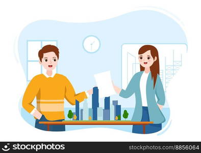 City Council Meeting with Business Team, Employee for Important Negotiation or Define Buildings in Flat Cartoon Hand Drawn Templates Illustration