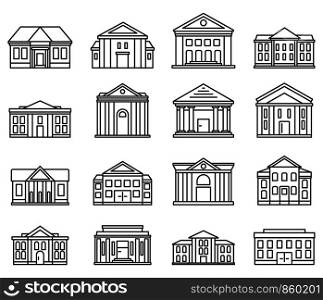 City courthouse icons set. Outline set of city courthouse vector icons for web design isolated on white background. City courthouse icons set, outline style