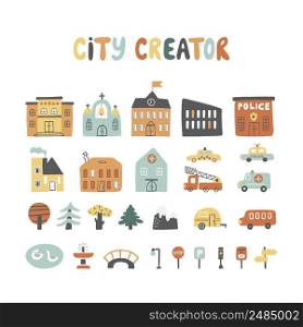 City creator with houses, cars, animals, trees, road signs and etc. Can be used for kid&rsquo;s rooms, t-shirt prints, cards, games, and frames. Vector set with hand-drawn elements.