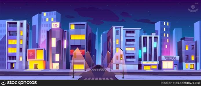 City crossroad at night time, empty transport intersection with zebra crossing, glowing street l&s. Urban architecture, infrastructure, megapolis with modern buildings, Cartoon vector illustration. City crossroad at night, transport intersection