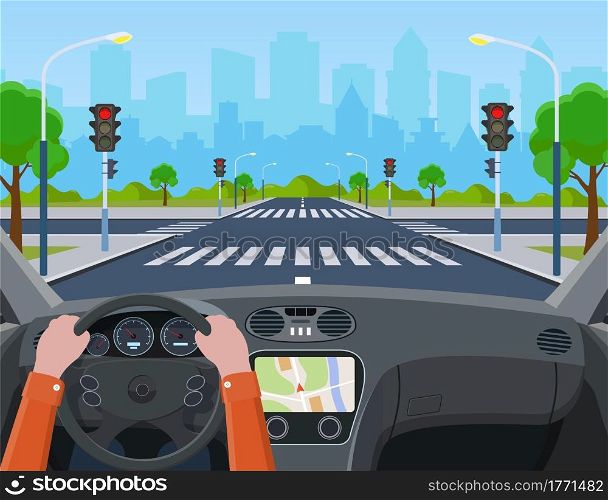 city crossroad. Hands driving a car on the street. city road on crosswalk with traffic lights. markings and sidewalk for pedestrians. Vector illustration in flat style. city with traffic lights