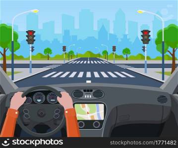 city crossroad. Hands driving a car on the street. city road on crosswalk with traffic lights. markings and sidewalk for pedestrians. Vector illustration in flat style. city with traffic lights