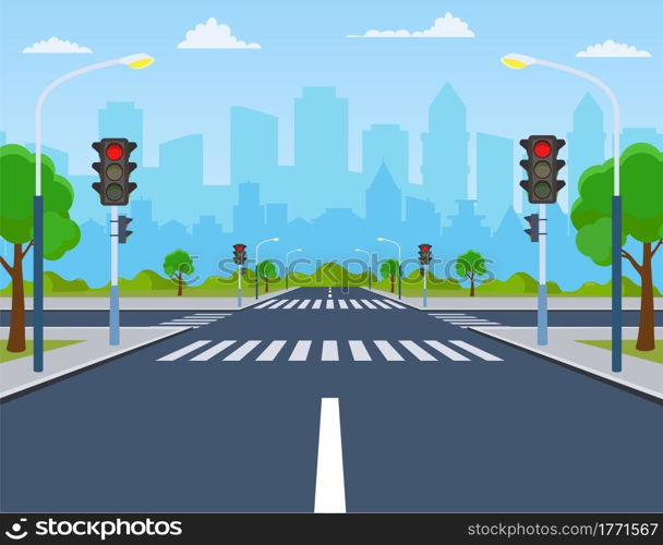 city crossroad, road on crosswalk with traffic lights. markings and sidewalk for pedestrians. without any cars and people. Cityscape, empty street, highway, concept. Vector illustration in flat style. city with traffic lights