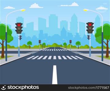 city crossroad, road on crosswalk with traffic lights. markings and sidewalk for pedestrians. without any cars and people. Cityscape, empty street, highway, concept. Vector illustration in flat style. city with traffic lights
