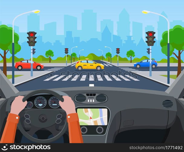 city crossroad with cars. Hands driving a car on the street. city road on crosswalk with traffic lights. markings and sidewalk for pedestrians. Vector illustration in flat style. city with traffic lights