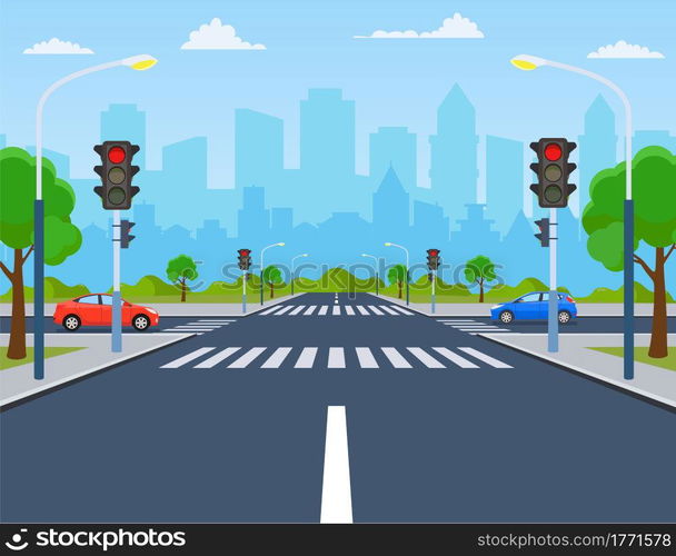 city crossroad with cars, road on crosswalk with traffic lights. markings and sidewalk for pedestrians. highway, concept. Vector illustration in flat style. city with traffic lights