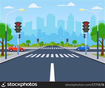 city crossroad with cars, road on crosswalk with traffic lights. markings and sidewalk for pedestrians. highway, concept. Vector illustration in flat style. city with traffic lights