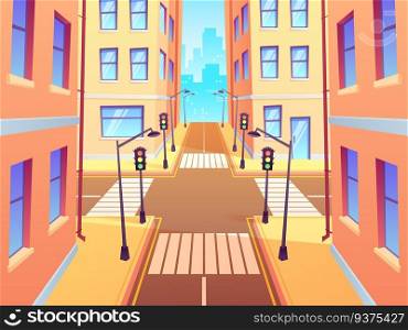 City crossroad with crosswalk. Urban intersection traffic lights, town street crossroads and road junction. Cross road and sidewalk, building and crosswalk cartoon vector illustration. City crossroad with crosswalk. Urban intersection traffic lights, town street crossroads and road junction cartoon vector illustration