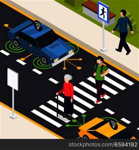 City crosswalk isometric background with pedestrians crossing street and autonomous driverless car on road vector illustration . City Crosswalk Isometric Background