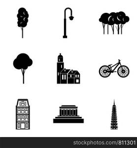 City design icons set. Simple set of 9 city design vector icons for web isolated on white background. City design icons set, simple style