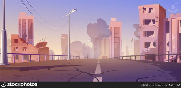 City destroy in war zone, abandoned buildings and bridge with smoke. Destruction, natural disaster or cataclysm, post-apocalyptic world ruins with broken road and street, cartoon vector illustration. City destroy in war, abandoned buildings, smoke