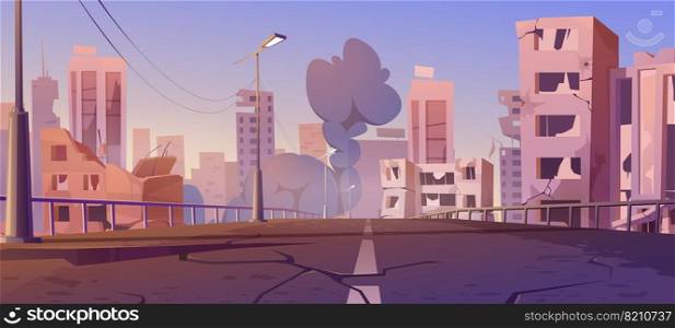 City destroy in war zone, abandoned buildings and bridge with smoke. Cataclysm destruction, natural disaster or post-apocalyptic world ruins with broken road and street, cartoon vector illustration. City destroy in war, abandoned buildings, smoke