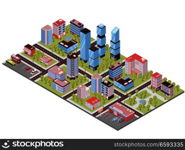 City district isometric composition with business center office towers auto repair parking lot stores buildings vector illustration  . City Buildings Isometric Composition 