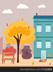 City district street view. Rainy autumn day. Vertical banner. Cartoon illustration. City district street view. Rainy autumn day.