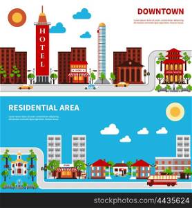 City Districts Banners. City districts banners with downtown and residential houses isolated vector illustration