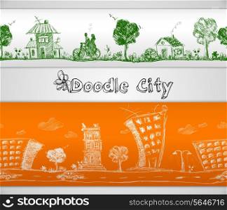 City doodle modern and old urban buildings seamless border vector illustration