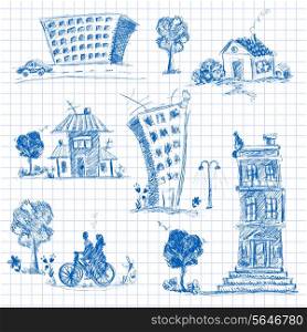 City doodle set of urban buildings on squared paper background isolated vector illustration.