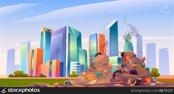 City dump with pile of garbage and plastic trash. Junkyard with town buildings and skyscrapers on background. Vector cartoon cityscape with landfill with dirty stinky heaps of waste. City dump with pile of garbage, dirty junkyard