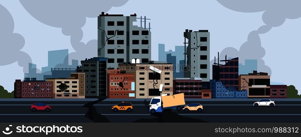 City earthquake. Cartoon natural disaster landscape with cracks and damages on buildings and ground. Vector city destruction after quake or disaster. Illustration concept insurance construction. City earthquake. Cartoon natural disaster landscape with cracks and damages on buildings and ground. Vector city destruction