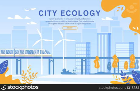 City Ecology Protection by Eco Friendly Electric Railway Usage. Ecological Passenger Train on Magnetic Pad Moving through Metropolis. Environmental Transportation without Air Pollution. Webpage Banner. City Ecology Protection by Electric Railway Usage