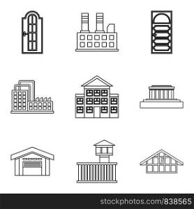 City edifice icons set. Outline set of 9 city edifice vector icons for web isolated on white background. City edifice icons set, outline style