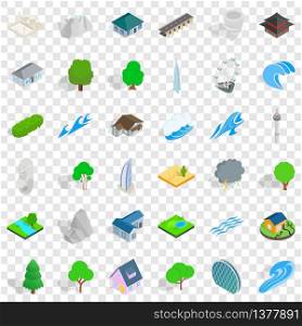 City element icons set. Isometric style of 36 city element vector icons for web for any design. City element icons set, isometric style