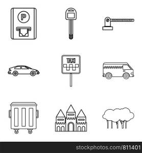 City element icons set. Outline set of 9 city element vector icons for web isolated on white background. City element icons set, outline style