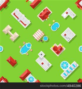 City Element Seamless Pattern. Seamless pattern with city elements like pools houses other buildings and grass top view vector illustration