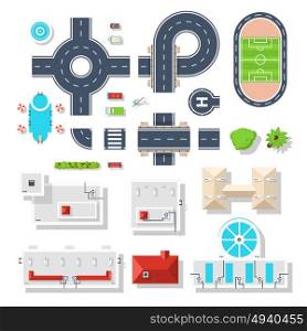 City Element Top View Set. Top view set of city elements like various road junctions vehicles plants and different buildings isolated vector illustrations