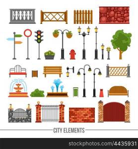 City Elements Flat Icons Set . City park fences gates elements and traffic lights and boards flat icons collection abstract isolated vector illustration