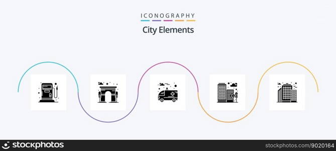 City Elements Glyph 5 Icon Pack Including . city. car. building. house