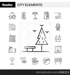 City Elements Hand Drawn Icons Set For Infographics, Mobile UX/UI Kit And Print Design. Include: Car, Vehicle, Travel, Transport, Swing, Kids, Parks, Play, Eps 10 - Vector