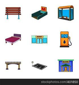 City elements icons set. Cartoon illustration of 9 city elements vector icons for web. City elements icons set, cartoon style